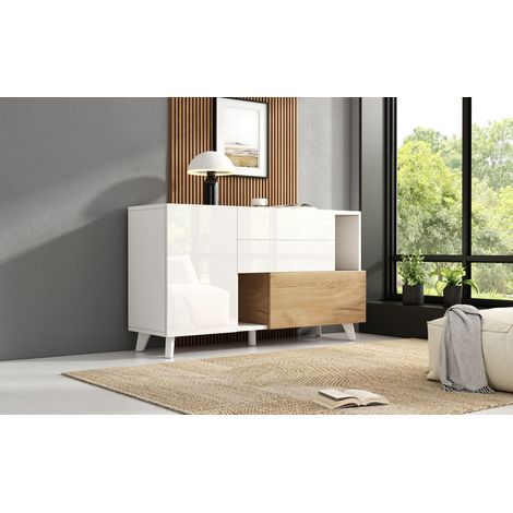 Meuble de salon en bois blanc et brillant, avec des compartiments pour ranger les objets. Meuble de salon destiné à la cuisine, également doté de compartiments pour ranger les objets. Meuble moderne c (1/5)