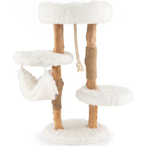 Albero tiragraffi per gatti in legno con pali di corda di iuta, Mobile per gatti con piattaforma e amaca Bianco (1/4)
