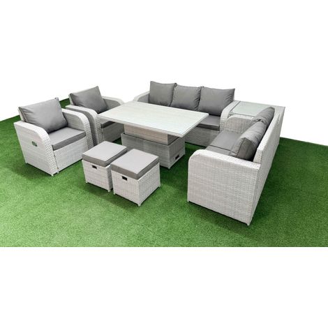 Fimous PE Rattan Garden Furniture Set Reclining Chair Sofa Double Love Seat 2 Seater Sofa Lounge Set Adjustable Lifting Dining or Coffee Table 2 Stools Side Table Light Grey (1/5)