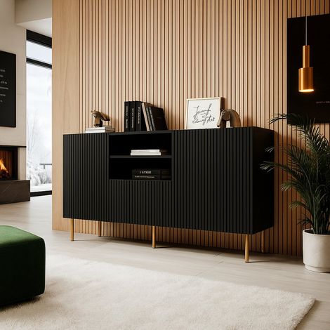 Credenza Stornara, Madia da salotto con due ante battenti, un cassetto e due vani aperti, Design con effetto cannettato, 150x42 h82 cm, Nero (1/5)