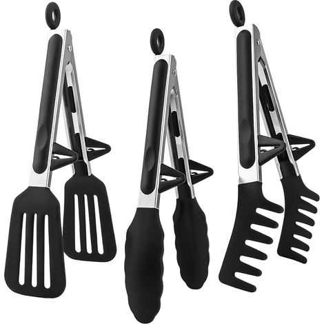 Küchenzange aus Silikon, 3-teilige schwarze Silikon-Grillzange, Küchenzange aus Edelstahl, Küchenzange, BPA-freie Pastazange, Kochzange (1/5)