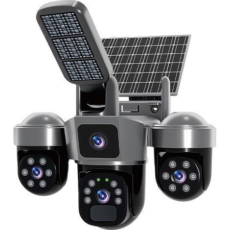 4G Solarüberwachungskamera mit dreifachem Objektiv, 6MP, integrierter LED-Lampe – Farb-/IR-Nachtsicht, PIR-Bewegungserkennung und -verfolgung, bidirektionales Audio, PTZ, IP66 wasserdicht, V380 Pro, A