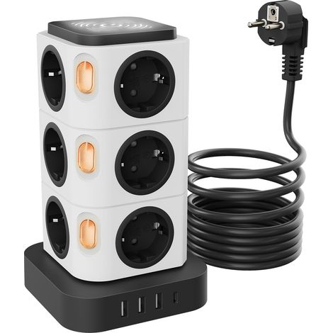 Multiprise avec Interrupteur, Tour Multiprise 12 Prises et veilleuse Design, Veilleuse Design et USB-A, USB-C Rallonge Multi-Prise 2500W Max 5V/3.1A (1/5)