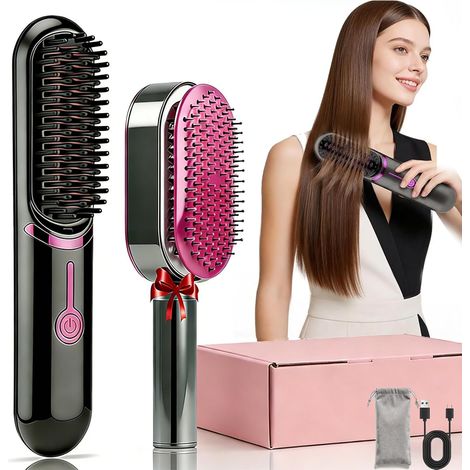 Brosse Lissante pour Cheveux ionique négative portable sans fil, fers à lisser, brosse de défrisage sans fil, peigne de défrisage avec fonction de charge USB, brosse de défrisage 2 en 1 à ions négatif (1/5)