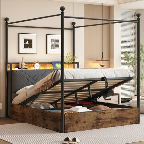 Lit double 140x190 cm en fer forgé, baldaquin amovible, LED, USB-C, rangement, noir (1/5)