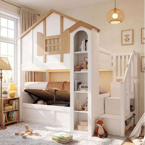 Letto a castello 90x200 cm bianco e naturale in pino con scala contenitore, LED e vano sollevabile (1/5)