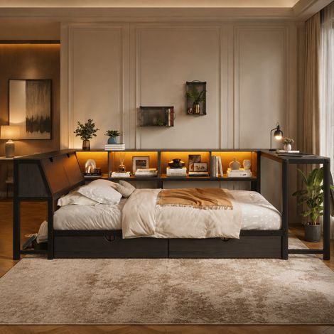 Cama metálica 90x200 con escritorio, cabecero con almacenaje, luces LED y cajones, color negro (1/5)