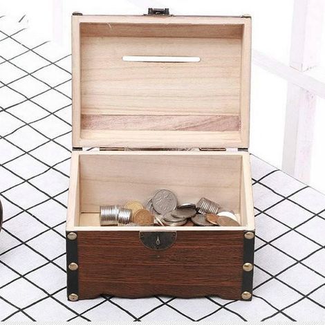 Caja fuerte de madera para ahorros, hucha tallada a mano con cerradura - Tesoro legendario (1/5)