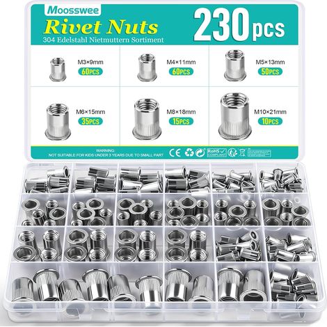 230 Pièces Ecrou a Sertir, Insert 304 Inox, M3 M4 M5 M6 M8 M10 Insert Fileté Metal pour Tôles Métalliques, Électroménager, Construction Industrielle (1/5)