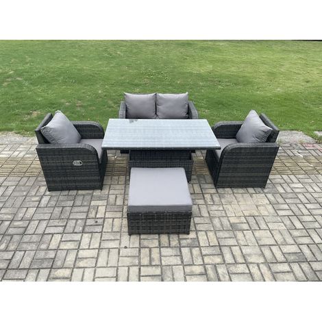 Fimous Pe Rotin Mobilier De Jardin Extérieur Set Hauteur Réglable Table À Manger Avec Amour Canapé Chaise Grand Tabouret (1/5)