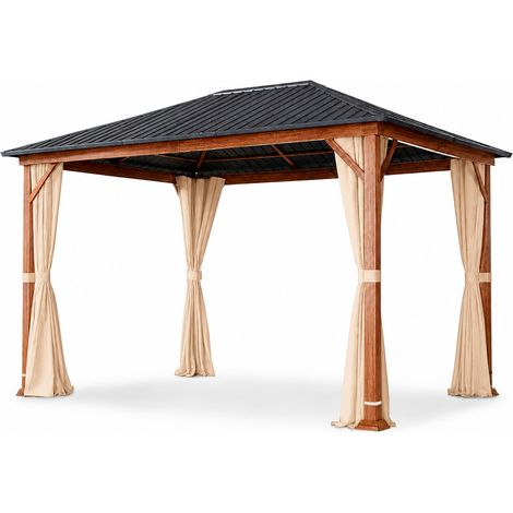 Gazebo 3X4 Metri Da Giardino Con Tetto In Acciaio Zincato Struttura In Effetto Legno Tende Laterali Impermeabile Per Terrazza Patio Outdoor 300 X 400 X 295 Cm Effetto Legno E Beige