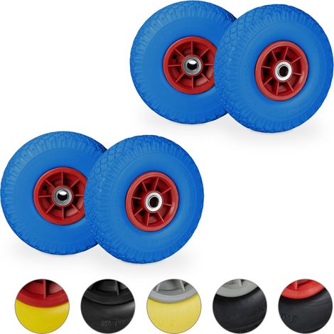 Set of 4 Relaxdays Hand Truck Tyres, Non-Flat Solid Rubber Wheels, 3.00-4”, 20mm Axle, 80 kg, 260 x 85 mm, Blue/Red