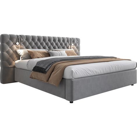 Polsterbett 180x200 cm, Doppelbett aus Samt mit Stauraum und Leselampe, ohne Matratze, Grau (1/5)