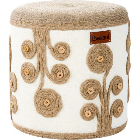 Puf de yute otomana reposapiés redondo relleno de EPS sala de estar blanco y beige Diman (1/5)