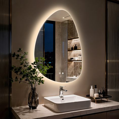LUVODI – Espejo baño LED asimétrico – Espejo plateado HD de vidrio templado – Luz LED 3 colores regulables – IP66 Antivaho – 55 x 77 cm