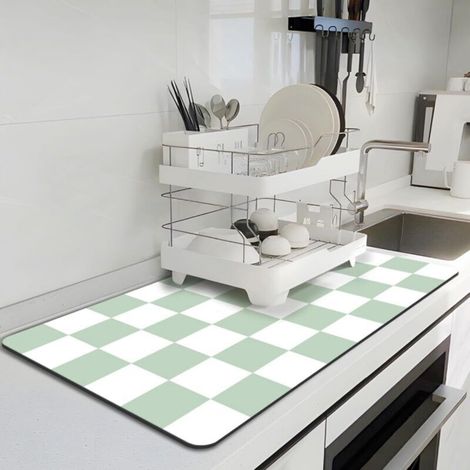 [JAMAIS UTILISÉ] Tapis de séchage de vaisselle de cuisine, tapis à café à carreaux, tapis absorbant, vert