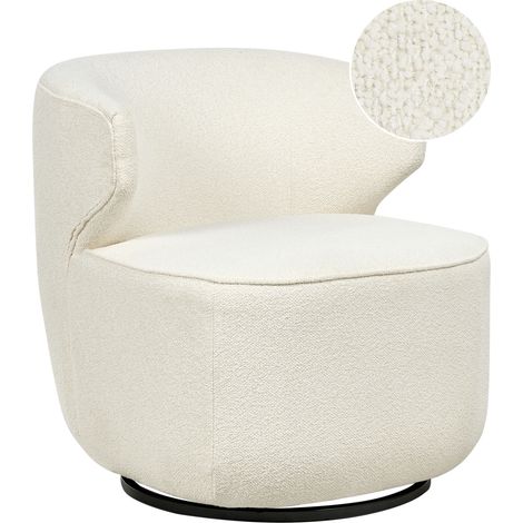 Sillón curvo industrial de bouclé con base negra giratoria 360° blanco crema Molleby