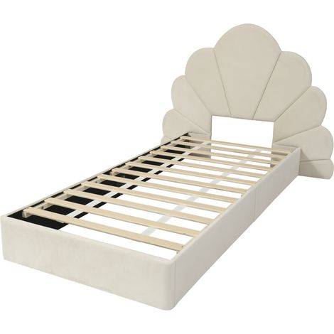 Letto singolo capitonné in velluto beige 90x200 cm, testiera floreale, MODENUIT (1/5)