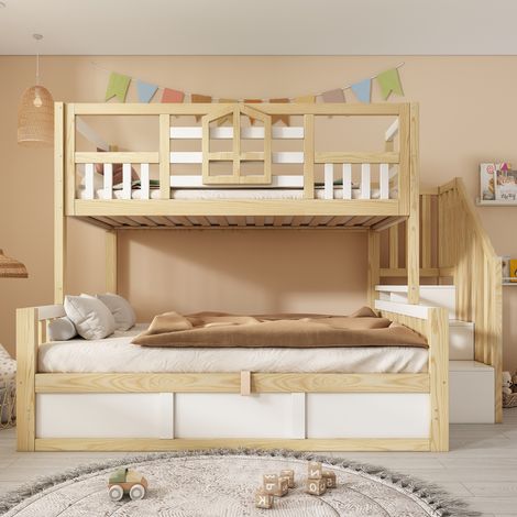 Lit superposé cabane enfant 90 x 200/140 x 200 cm blanc et bois escalier rangement coffre hydraulique fenêtre EN747 sans matelas (1/5)