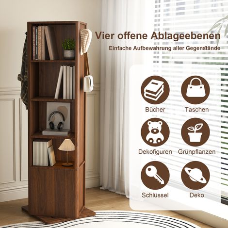 Miroir armoire pivotant 360° 4-en-1, miroir tiroirs pour bijoux, étagère et crochets, meuble compact en panneaux MDF noyer foncé pour chambre, rangement polyvalent. (1/5)