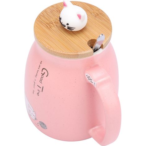 1 Pièce Mignonne Tasse Céramique Chat avec Cuillère et Couvercle, Mug Café Lait Eau, Idée Cadeau Boisson (Rose) (1/5)