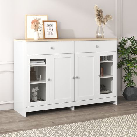Buffet en bois veiné blanc, 4 portes dont 1 vitrée, 2 tiroirs, style scandinave. Meuble de rangement pour salon ou salle à manger, finition bois clair et blanc. (1/5)