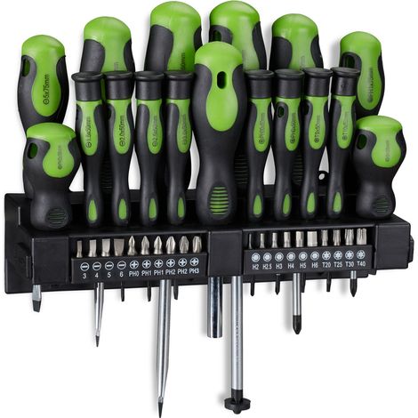 Relaxdays Screwdriver Set XXL, 37-Piece, Workshop & Garage Tools, Cross & Slot Wall Holder, Steel, Plastic, Black/Green (1/5)