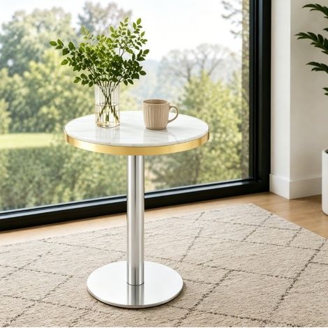 Runder Beistelltisch 60x60x73.7 cm Weiß MDF und Metall mit Marmor-Optik, goldfarbenem Rand und stabilem Standfuß (1/3)