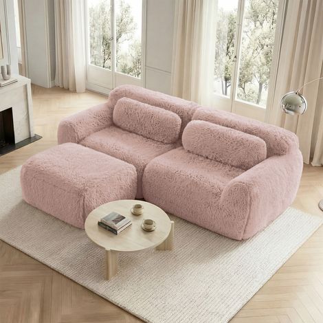 Ecksofa in L-Form, modulare Couch, weicher Plüschstoff, mit 2 Kissen, hochresilienter Schaumstoff, ohne Montage, ideal für kleine Wohnzimmer, Schlafzimmer - Rosa