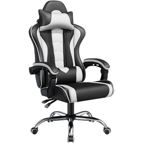 Yaheetech Sedia Gaming Ergonomica Massaggiante Reclinabile con Poggiatesta e Supporto Lombare Braccioli Imbottiti in Finta Pelle, Poltrona Gamer da Scrivania con Ruote Girevole Bianco&Nero