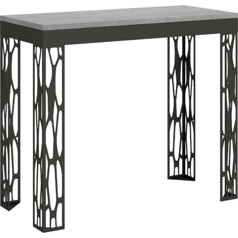 Console extensible design bois et acier anthracite Kiza evolution 3 rallonges Sur roulettes-Gris ciment-Sur roulettes-3 rallonges (1/5)