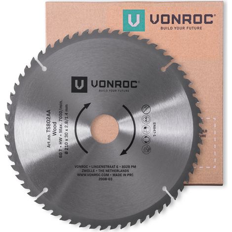 VONROC Hoja de sierra - 210 x 30mm - 60 dientes - para madera - Apta para sierras de mesa y ingletadoras (1/3)
