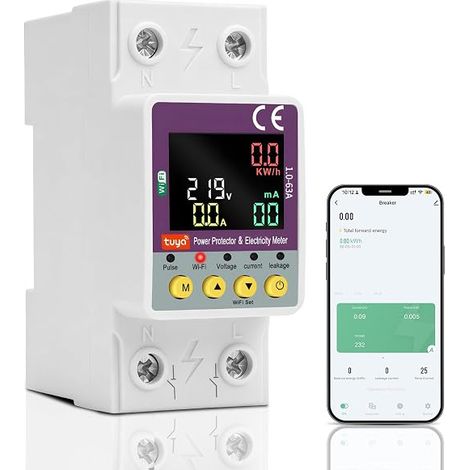 30ma 63A Disyuntor Wifi Medidor Eléctrico Interruptor Protector contra Sobretensiones 2P 220V AC Protección contra Subtensión Sobrecorriente Fuga a Tierra Sobrecalentamiento (1/5)