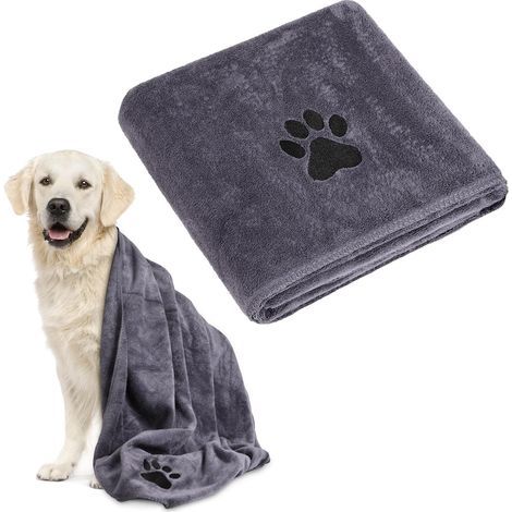 Serviette pour Chien Extra Absorbante, 140x70cm Grande Serviette de Bain pour Chien, Serviettes pour Chiens Microfibre Serviettes Chiens Douce pour Bain, Baignade et Jours de Pluie, Gris (1/5)