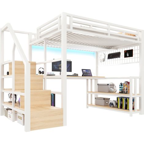 Lit mezzanine 140x200 cm avec bureau, étagère, grille suspendue, LED, USB-C et 2 ports USB, blanc, avec rangements pour chambre d'enfant - CHICFURN (1/5)