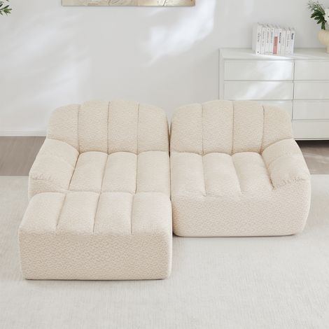 Canapé d'angle modulaire 2 places beige blanc coquillage coussins profonds 1 pouf livré monté