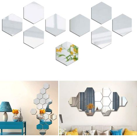 Miroir mural autocollant hexagonal décoratif, idéal pour la chambre, le salon ou une porte, 200 x 230 x 115 mm (Hexagone, 9 pièces) (1/4)