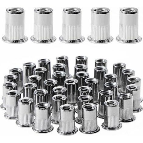 100 dadi a rivetto filettati a testa piatta M4×11, dadi a rivetto filettati in acciaio inossidabile, inserti filettati assortiti per metallo e plastica (argento 9mm×11mm)