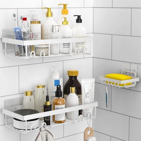 Ensemble de deux barres de douche, barres de douche blanches sans perçage, accessoires de rangement auto-adhésifs pour salle de bain (1/5)