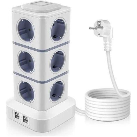 2500W Tour Multiprise Électrique,Tour Multiprise Parafoudre avec 12 Prises et 4 Ports USB,Multiprise USB-3 Interrupteurs Individuel (1/4)