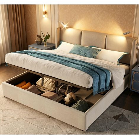 Lit coffre 160 x 200,lit double Rembourré160x200 avec levier hydraulique,2 Lampes de Lecture et Tete de Lit Capitonné,Lit Adulte avec à Latte ,adapté aux adultes et adolescents, lin Beige (1/5)