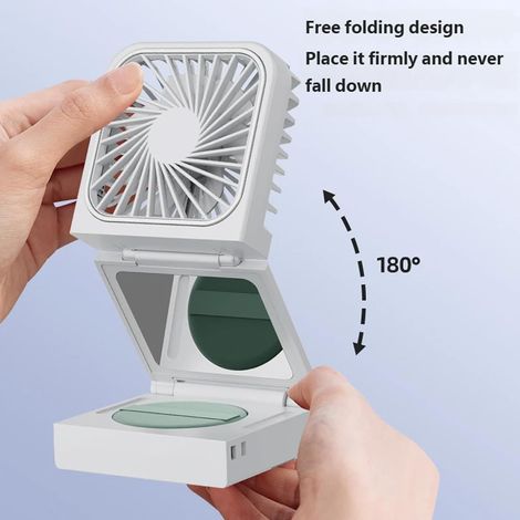 Ventilateur pliable 180° – 3 modes (cou, bureau, portable) – Écran numérique – Miroir intégré – ABS léger – Flux continu – Pour travail, voyage, maquillage (1/4)