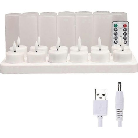 Flammenlose Kerzen mit Fernbedienung, Timer und Ladestation, Set mit 12 wiederaufladbaren weißen LED-Teelichtern (USB).