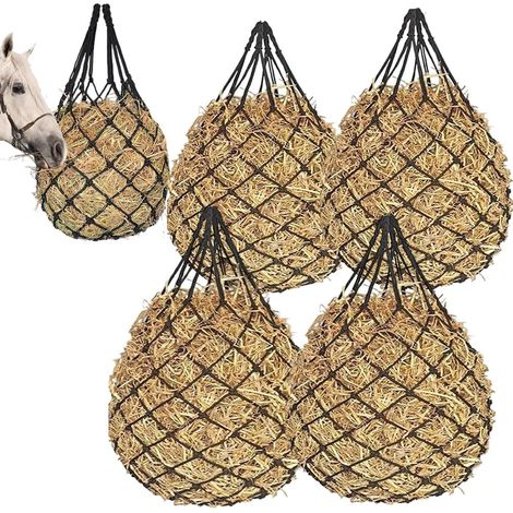 Lot de 4 filets à foin pour chevaux - Maille étroite - 6 x 6 cm - Avec accessoires de suspension - Pour alimentation lente - Convient également pour moutons et chèvres - Noir (1/5)