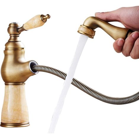 Grifo para lavabo de un solo orificio con cabezal extraíble para agua fría y caliente (acabado antiguo corto, amarillo) (1/5)