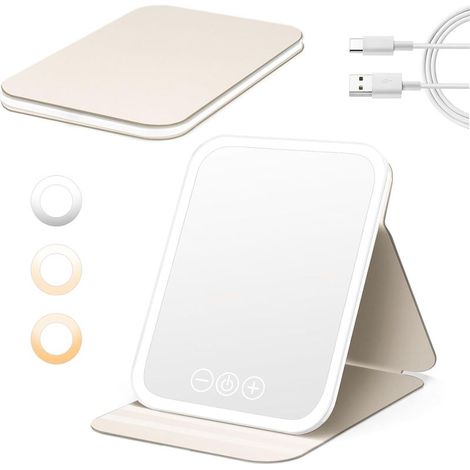 Miroir Maquillage Lumineux, tpye-c Rechargeble, Mirroir Super HD avec Écran Tactile, Miroir Coiffeuse LED avec 3 Couleurs de Lumière pour Voyage et Chambre, Blanc (1/5)