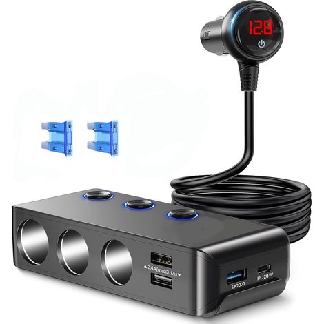 TR30P Car Cigarette Lighter with 3-in-1 Port, 4 USB Ports, Independent Switch, QC3.0/PD Fast Charging, 120W Power with Display -- QC3.0/PD Fast Charging Version (1/3)