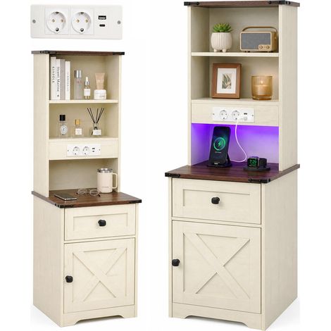 Table de chevet Patbrela, éclairage LED agréable, haute de 130cm avec 4 niveaux d'étagères et 1 tiroirs et 1 Casier de rangement Blanc vintage (1/5)