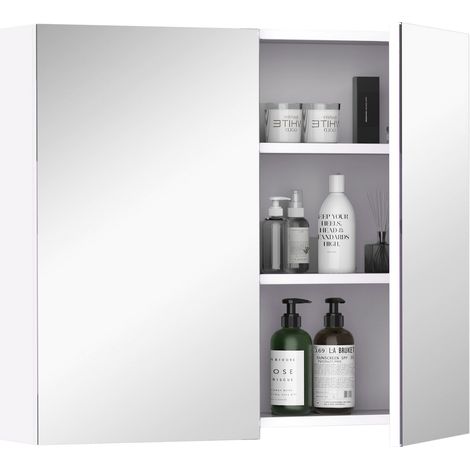 Meuble de toilette mural blanc avec miroir et étagère ajustable, 70 x 60 cm, placard de salle d'eau à rangement intégré, miroir de douche avec espace de stockage. (1/5)