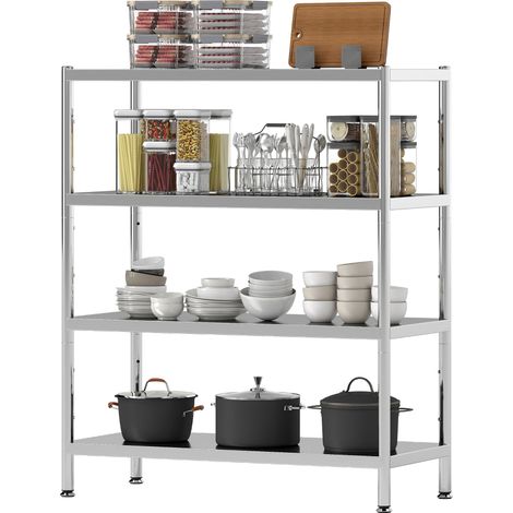 HOMCOM Scaffale in Metallo a 4 Livelli Regolabili su 10 Altezze Diverse, Scaffale da Cucina in Acciaio Inox 201, per Spezie, Pentole e Padelle, 91x40x108 cm, Argento (1/5)